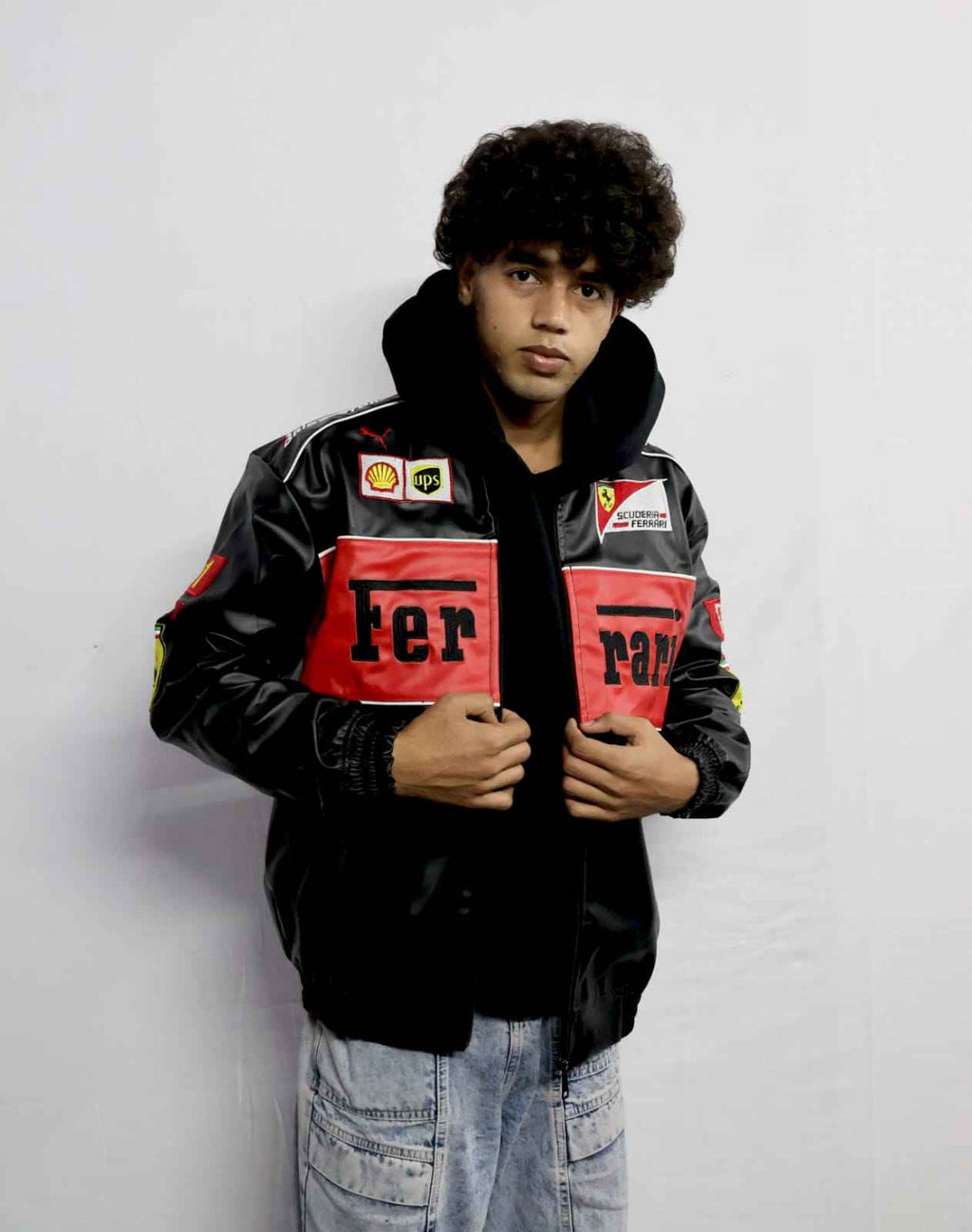 Black Ferrari jacket fully Embroidered and unique style.