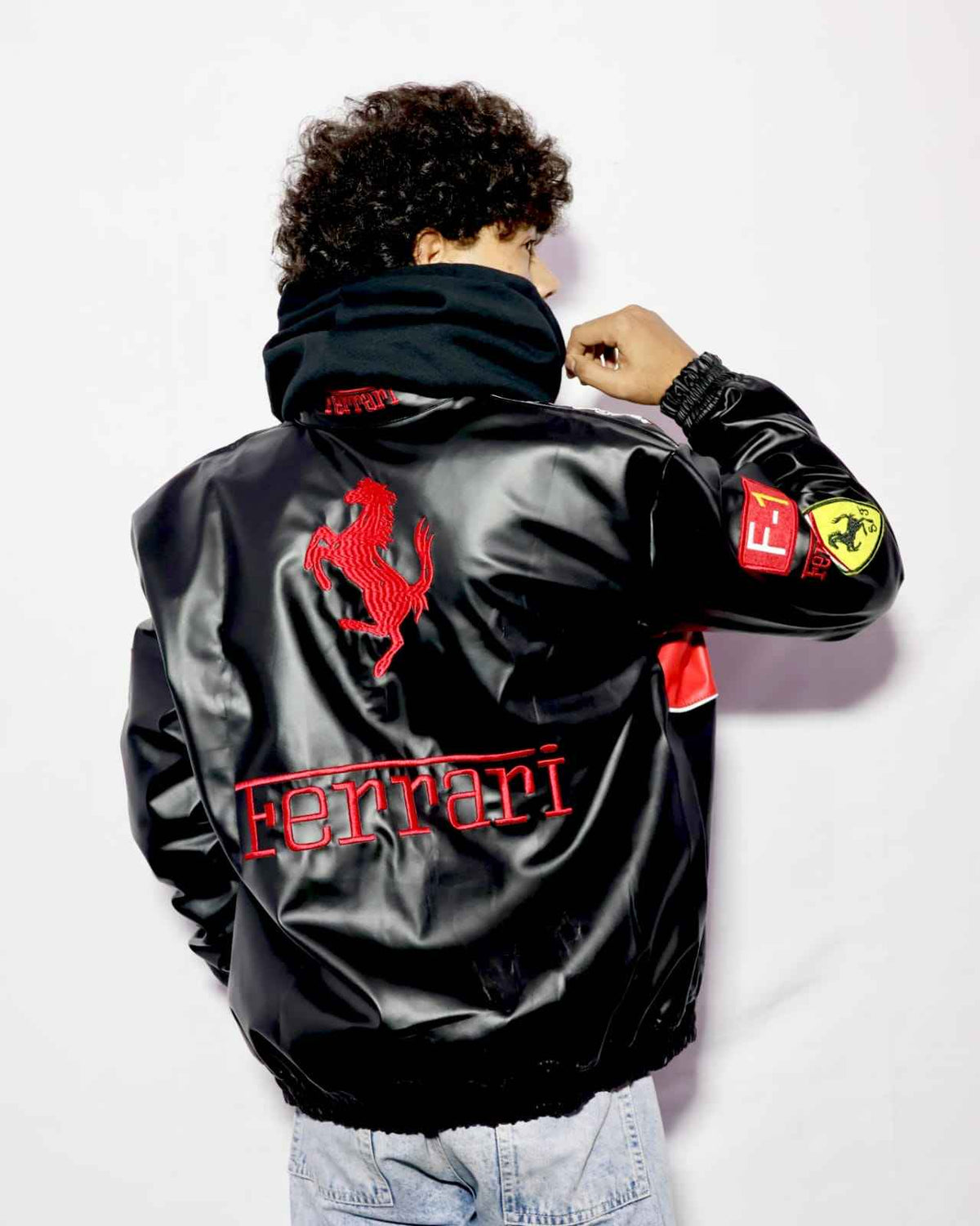 Black Ferrari jacket fully Embroidered and unique style.